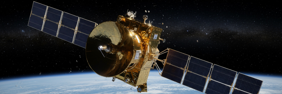 Satellite with gold thermal shielding and solar arrays in orbit above Earth